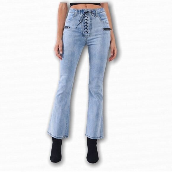 - High Waisted Denim Lace Up Bell  Bottom Je… - Picture 4 of 7